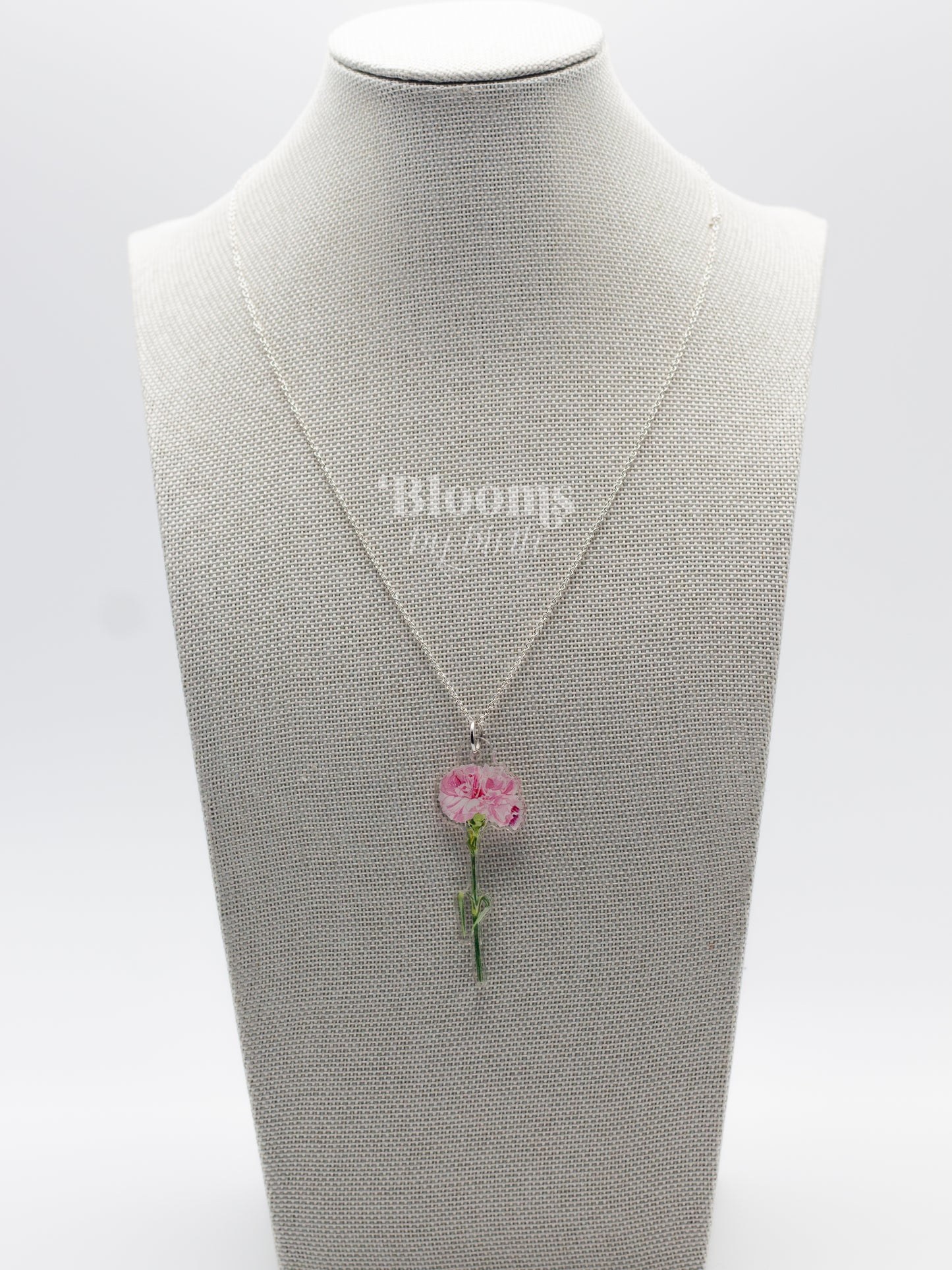 January Birth Flower Necklace - Carnation Design on Acrylic with Sterling Silver Chain