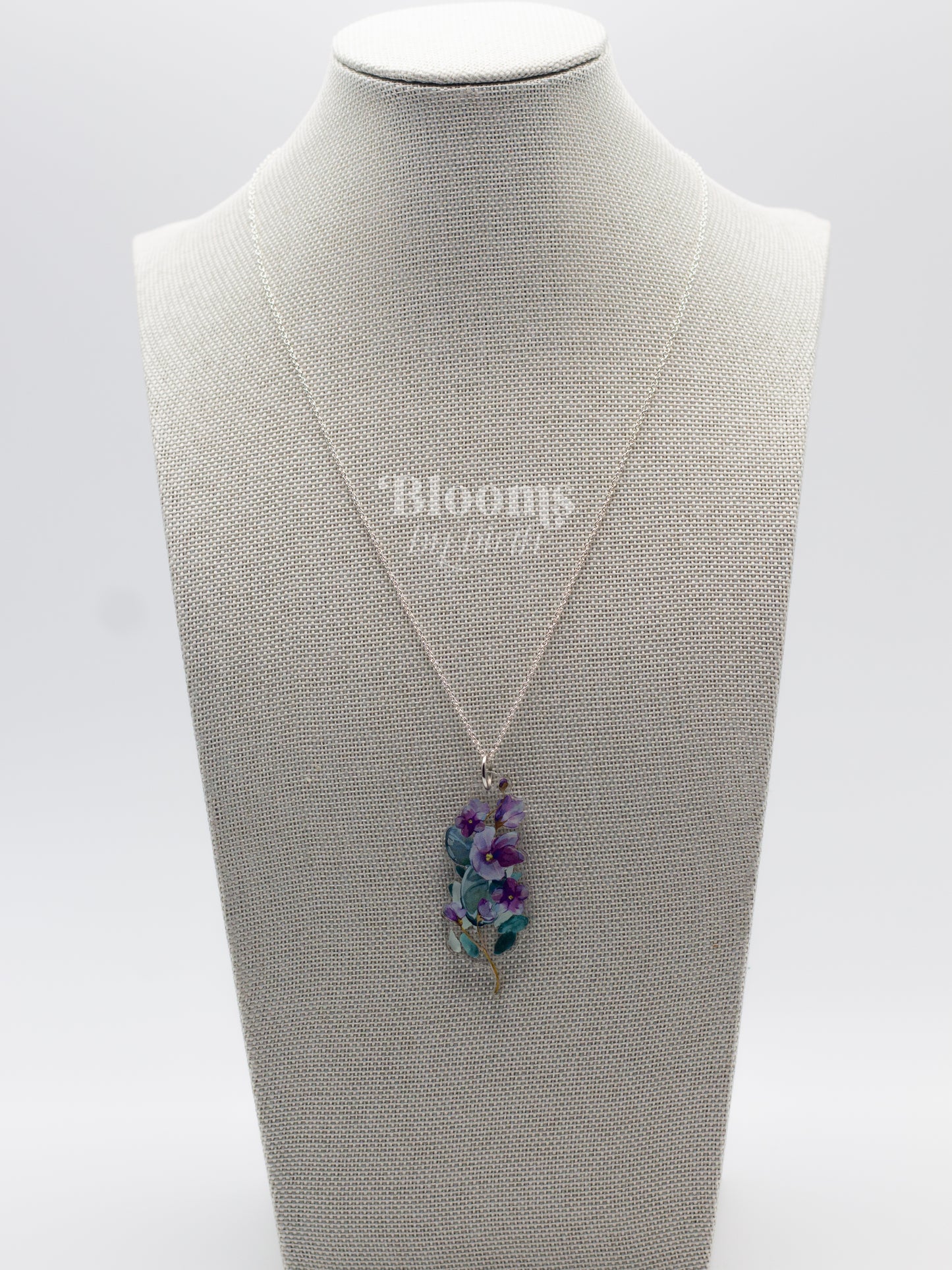 February Birth Flower Necklace - Violet Design on Acrylic with Sterling Silver Chain