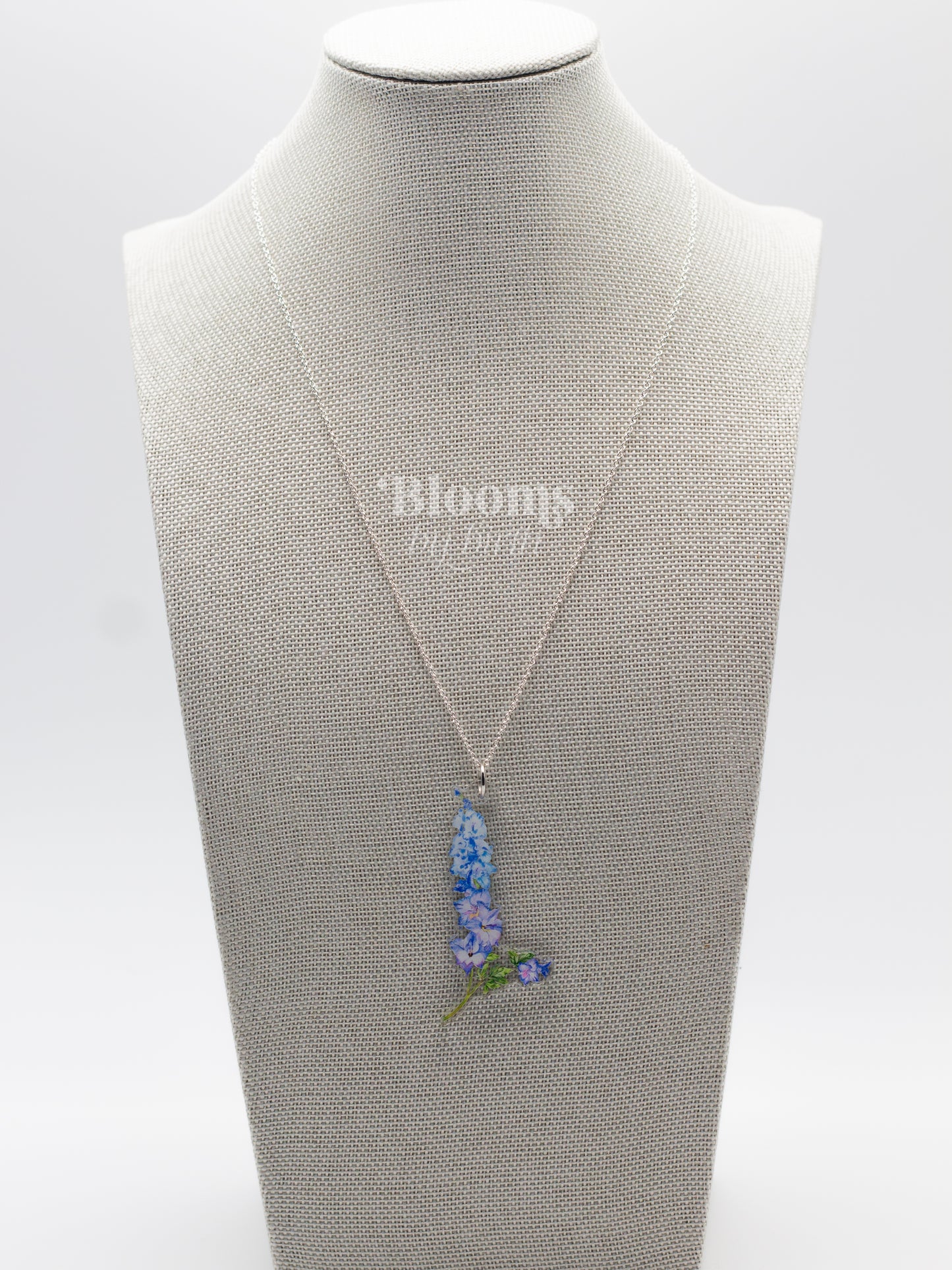 July Birth Flower Necklace - Delphinium Design on Acrylic with Sterling Silver Chain