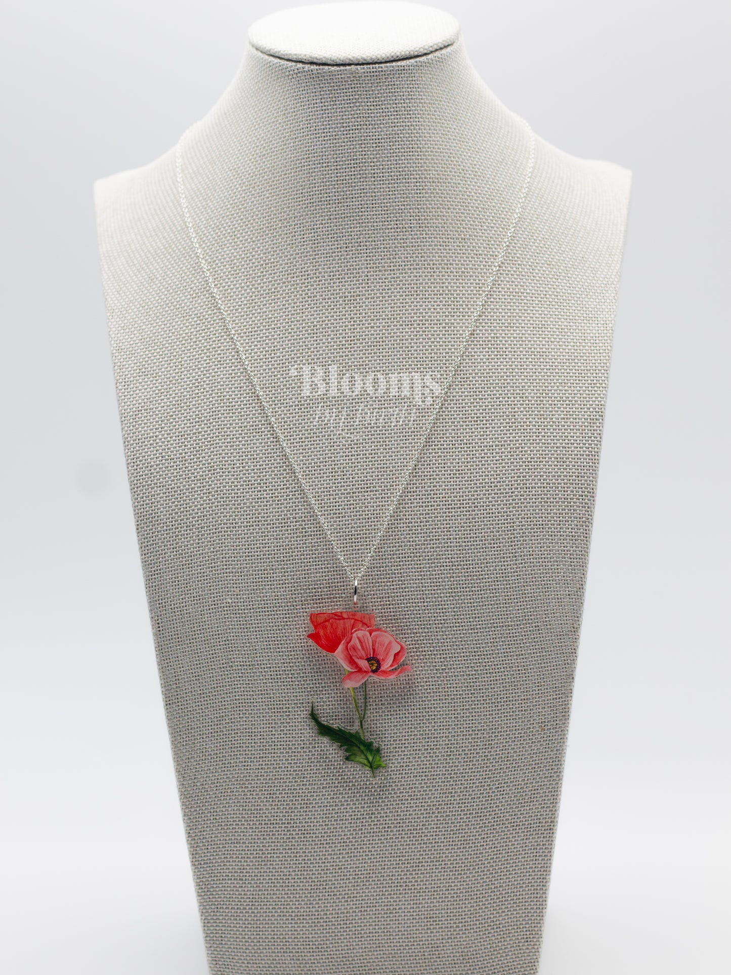 August Birth Flower Necklace - Poppy Design on Acrylic with Sterling Silver Chain