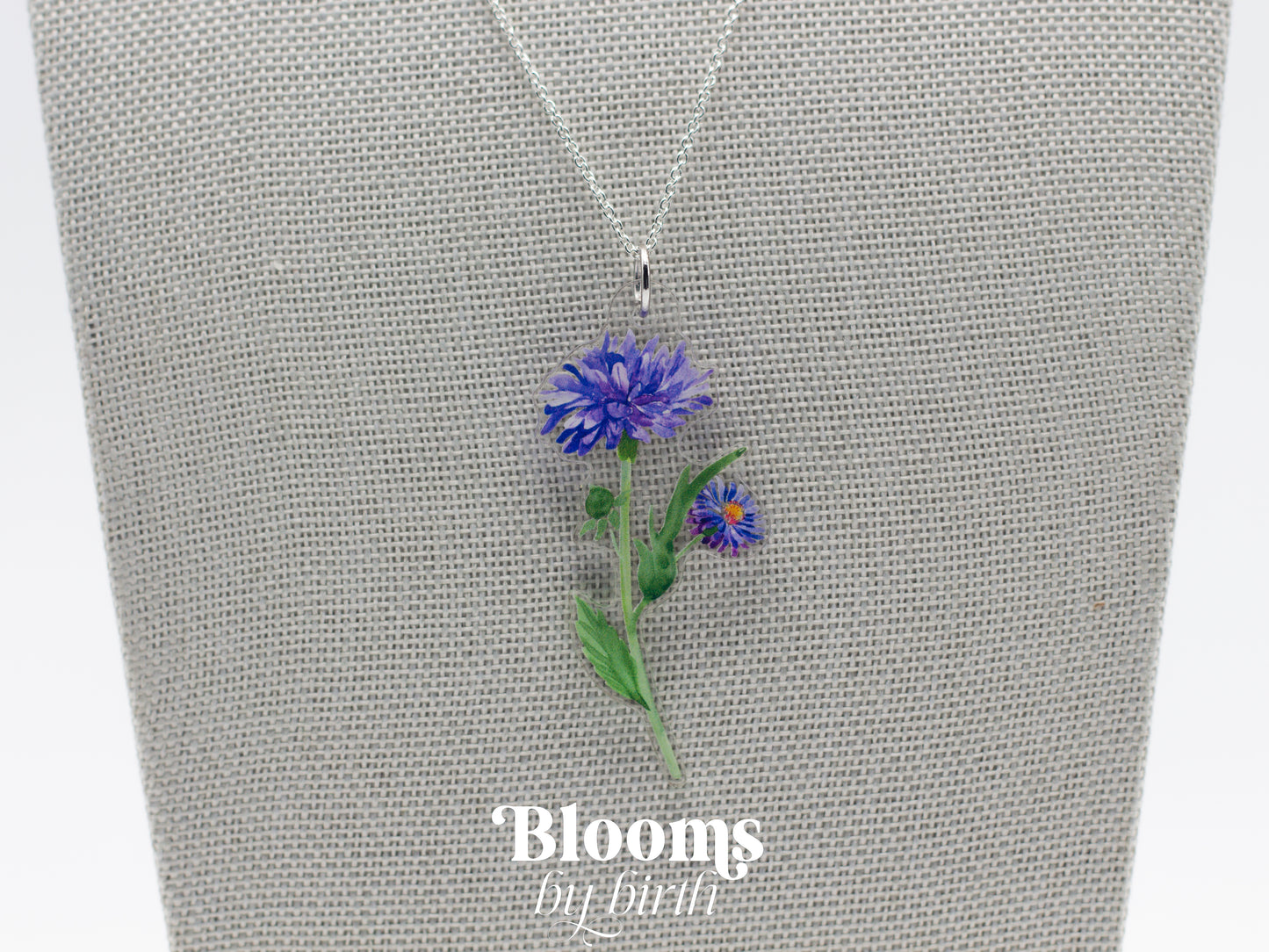 September Birth Flower Necklace - Aster Design on Acrylic with Sterling Silver Chain