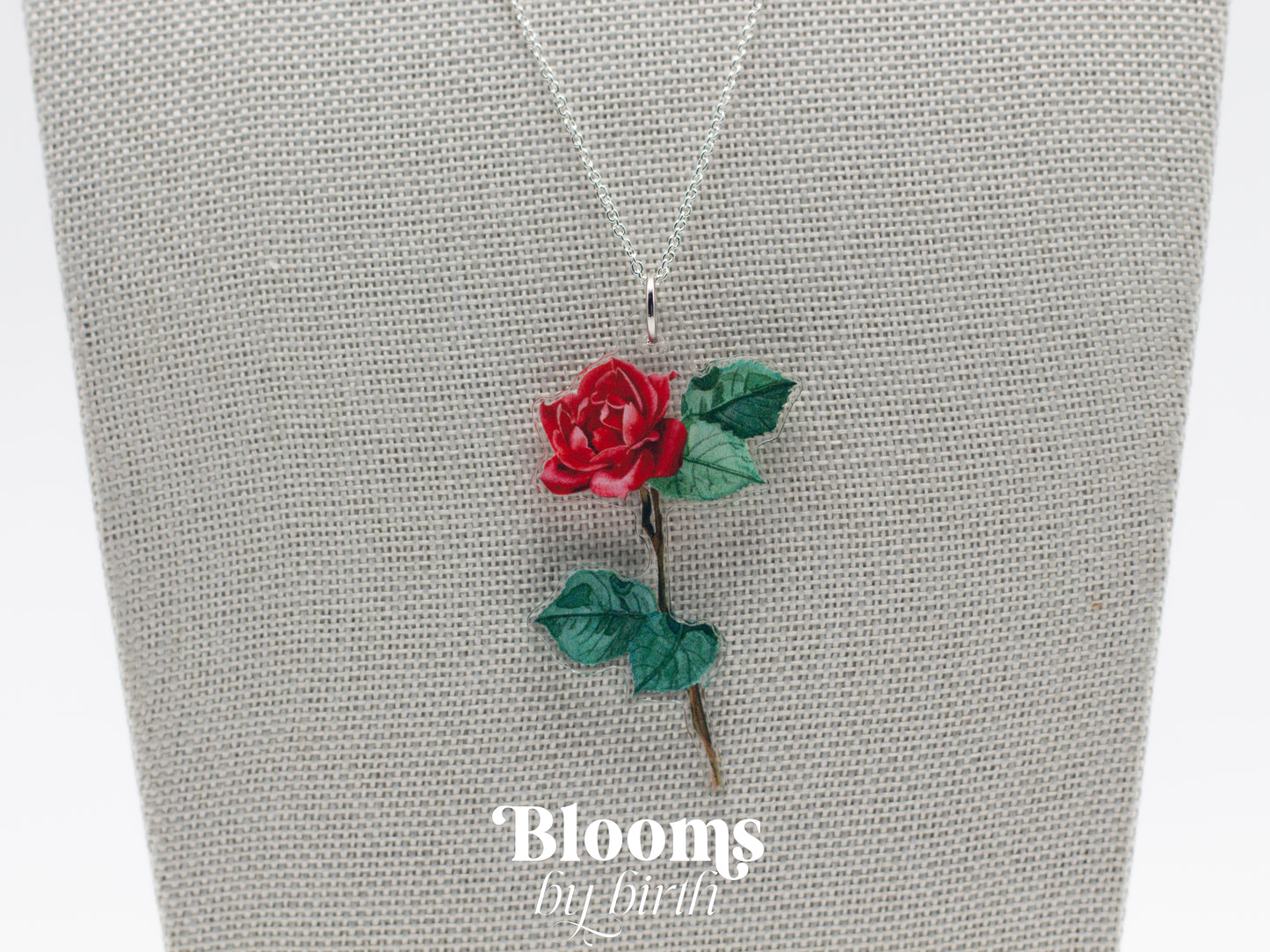 June Birth Flower Necklace - Rose Design on Acrylic with Sterling Silver Chain