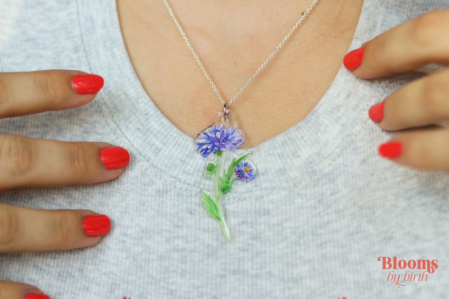 September Birth Flower Necklace - Aster Design on Acrylic with Sterling Silver Chain