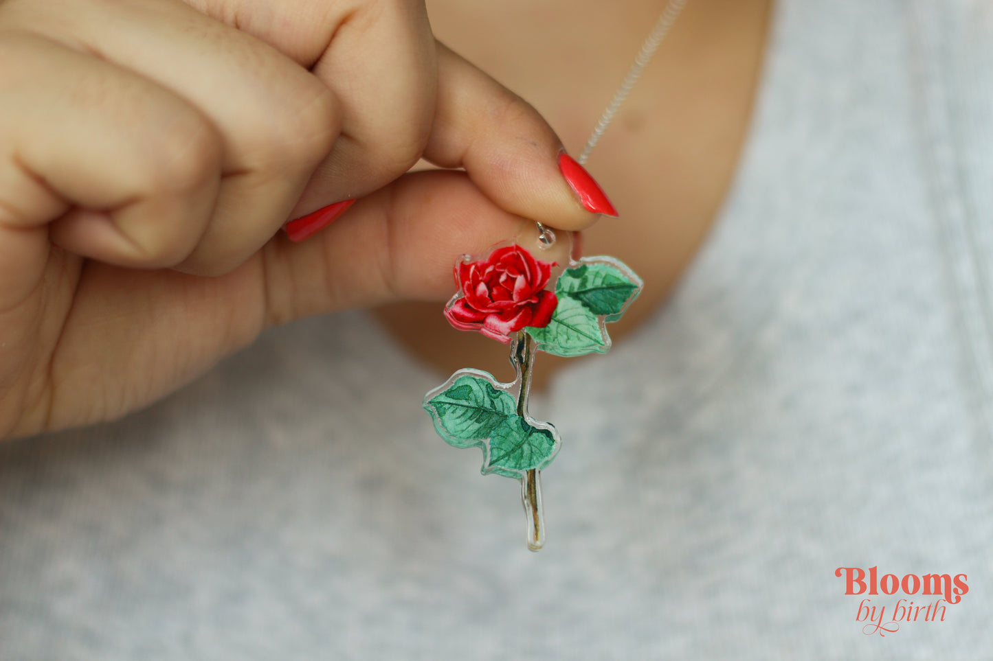 June Birth Flower Necklace - Rose Design on Acrylic with Sterling Silver Chain