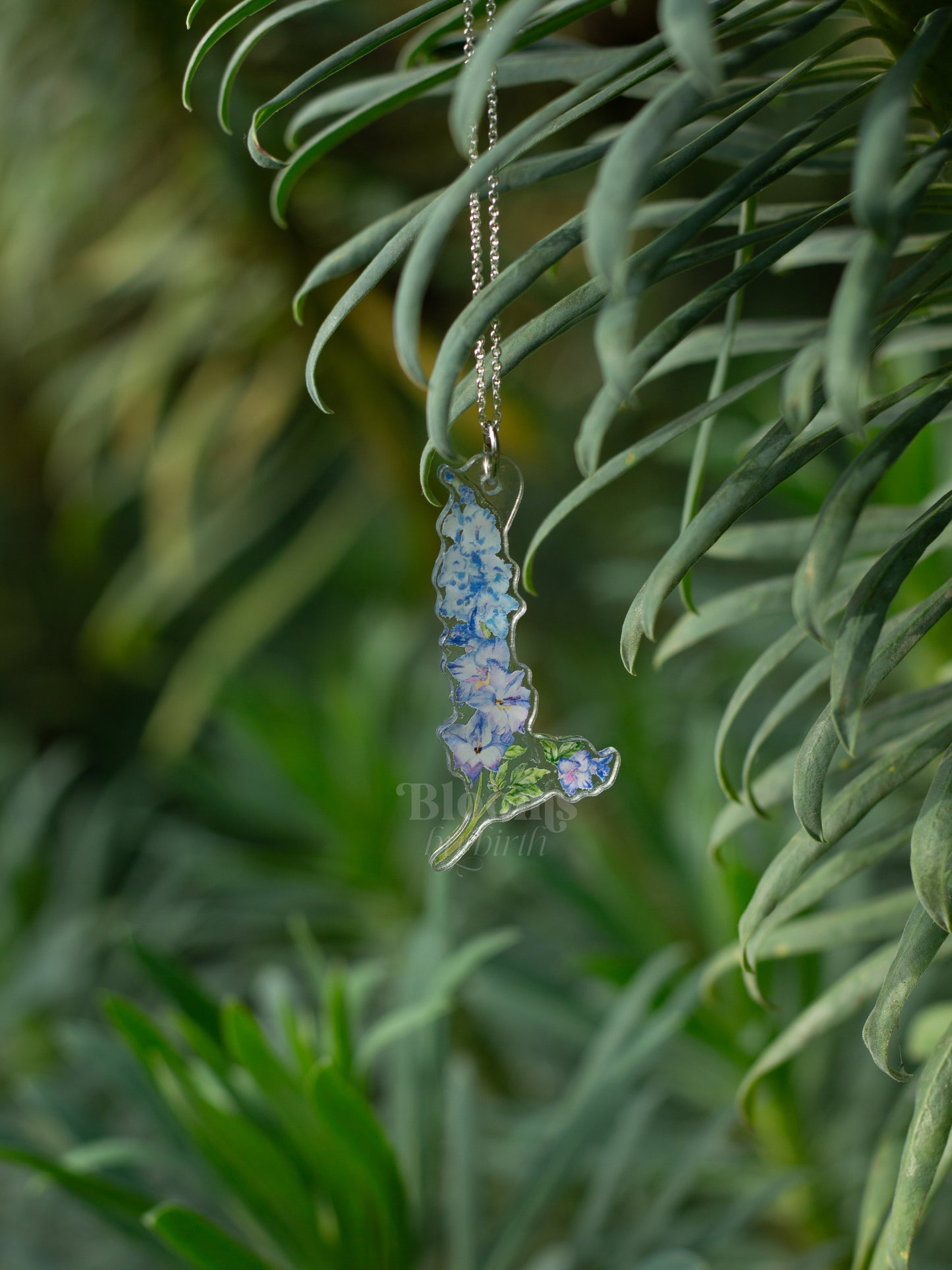 July Birth Flower Necklace - Delphinium Design on Acrylic with Sterling Silver Chain