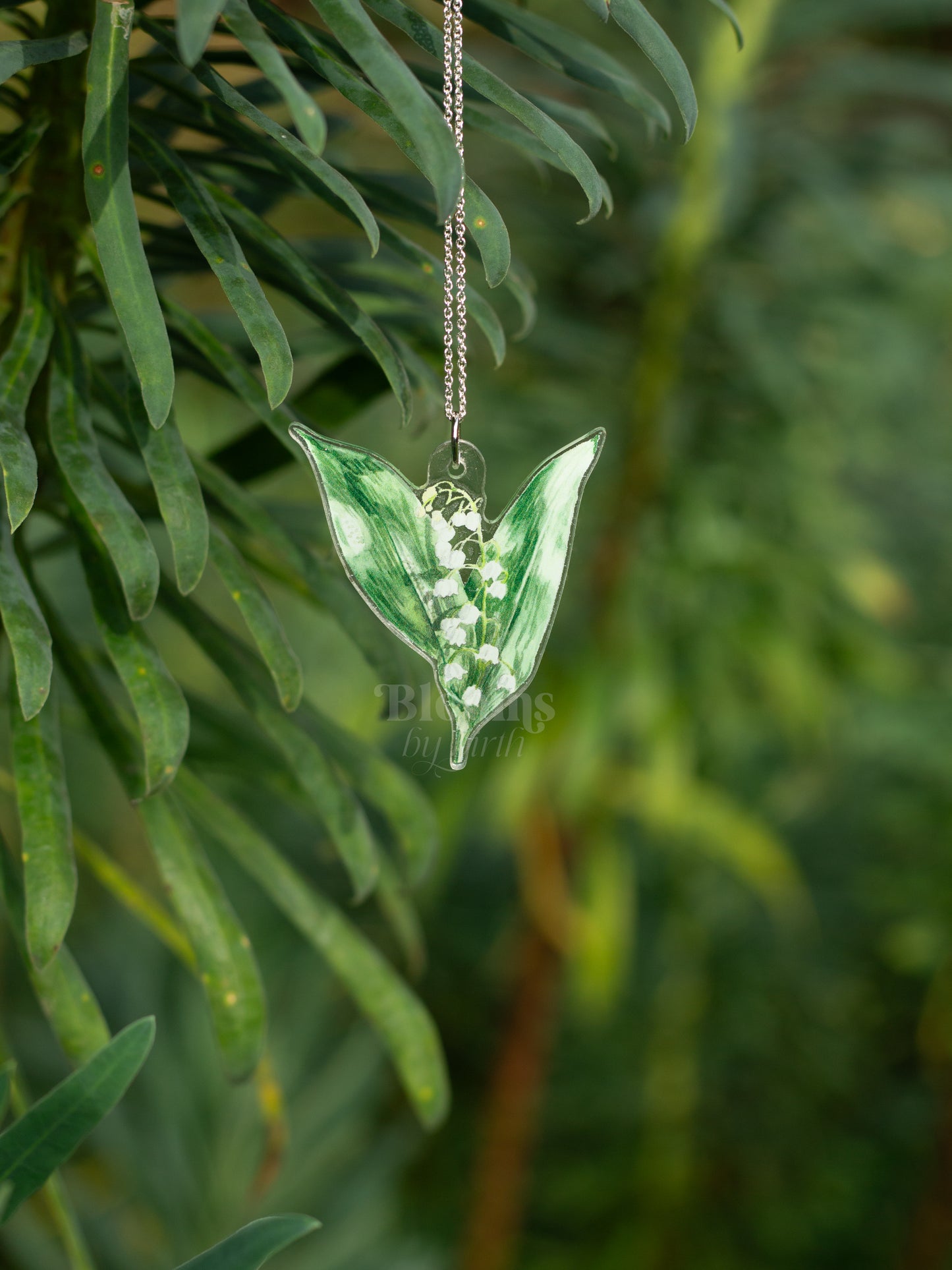 May Birth Flower Necklace - Lily Of The Valley Design on Acrylic with Sterling Silver Chain