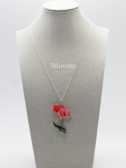 August Birth Flower Necklace - Poppy Design on Acrylic with Sterling Silver Chain