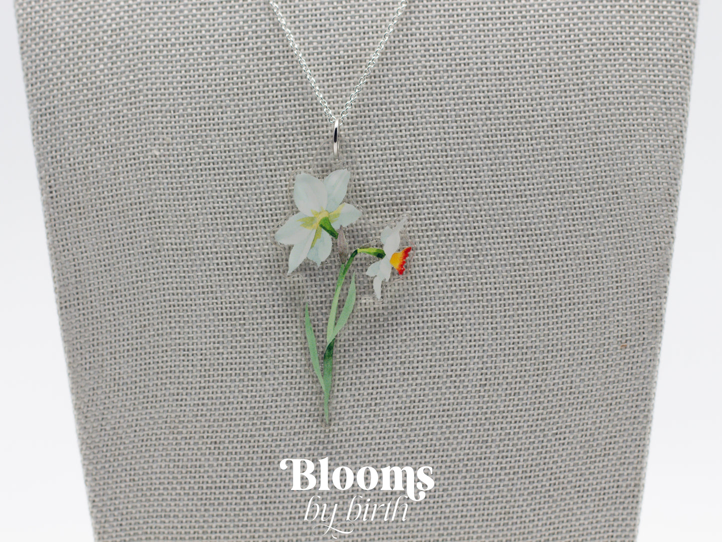 December Birth Flower Necklace - Narcissus Design on Acrylic with Sterling Silver Chain