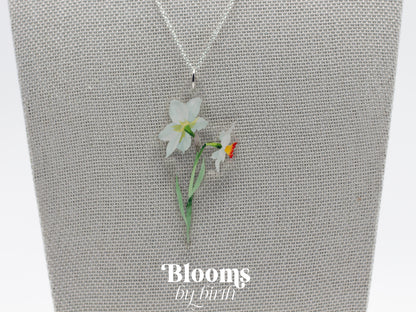 December Birth Flower Necklace - Narcissus Design on Acrylic with Sterling Silver Chain