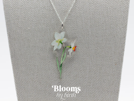 December Birth Flower Necklace - Narcissus Design on Acrylic with Sterling Silver Chain