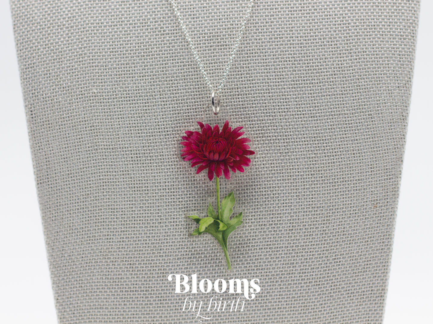 November Birth Flower Necklace - Chrysanthemum Design on Acrylic with Sterling Silver Chain