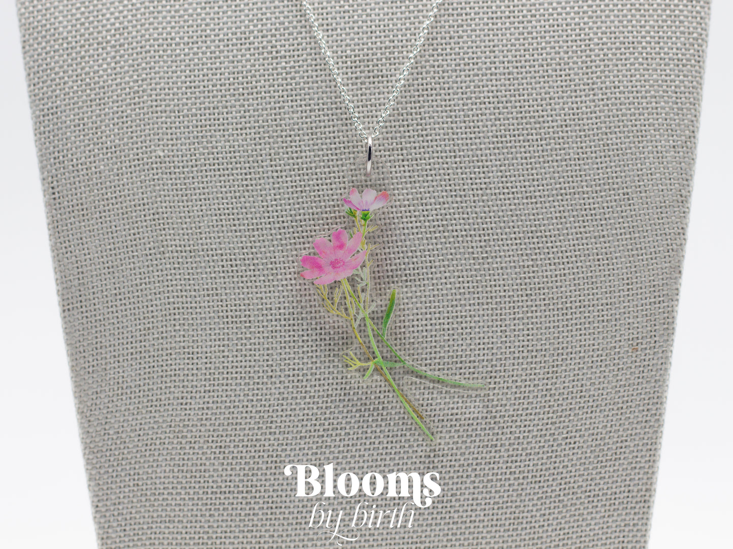 October Birth Flower Necklace - Cosmo Design on Acrylic with Sterling Silver Chain