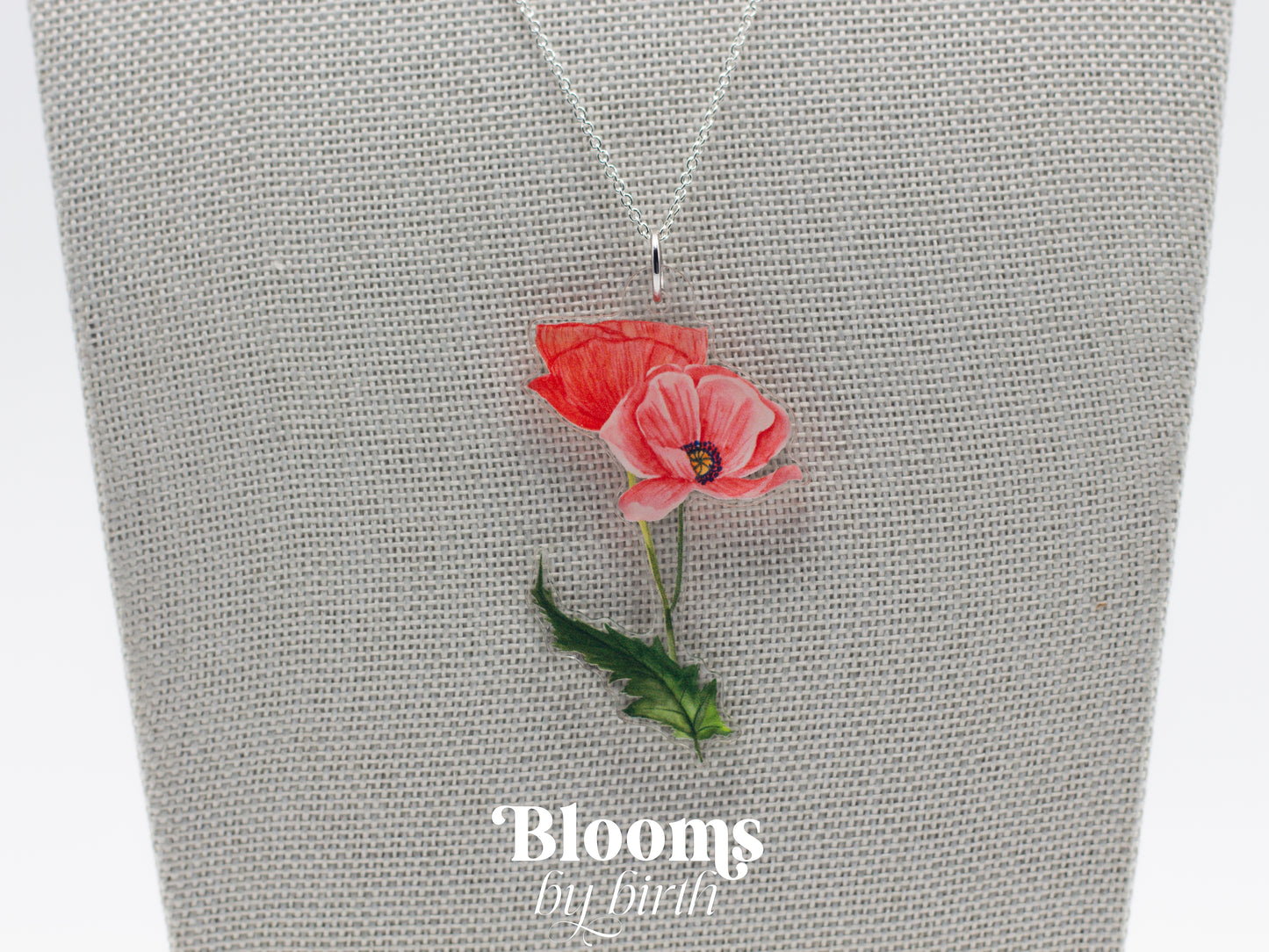 August Birth Flower Necklace - Poppy Design on Acrylic with Sterling Silver Chain
