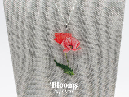 August Birth Flower Necklace - Poppy Design on Acrylic with Sterling Silver Chain