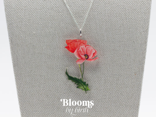 August Birth Flower Necklace - Poppy Design on Acrylic with Sterling Silver Chain