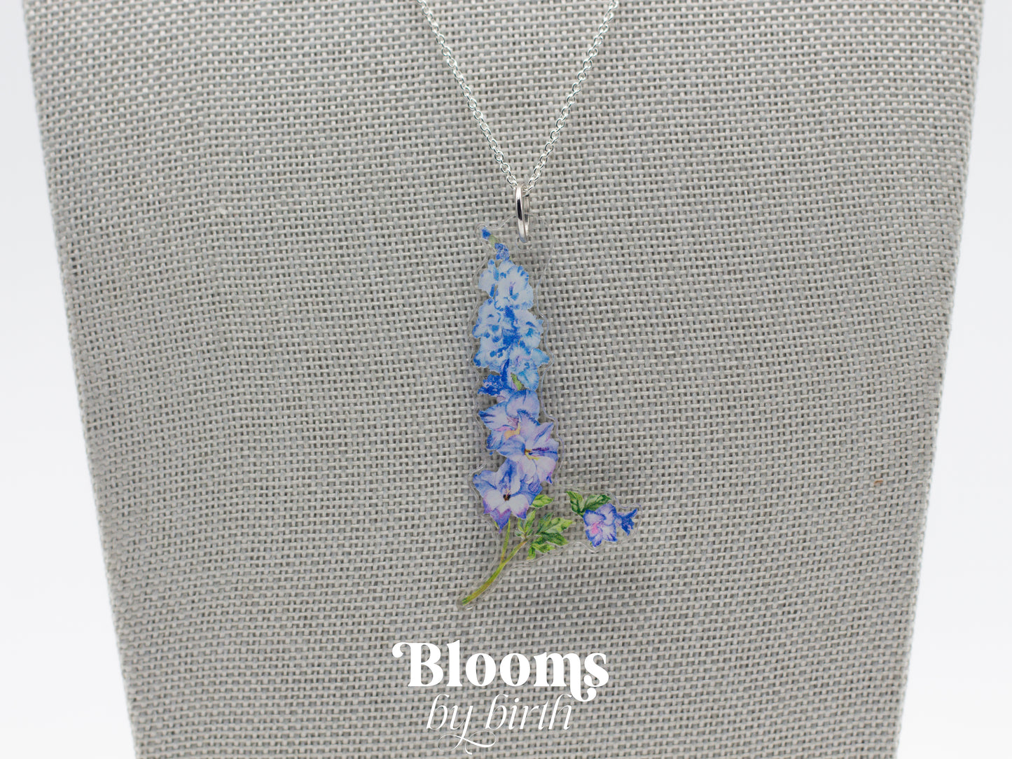July Birth Flower Necklace - Delphinium Design on Acrylic with Sterling Silver Chain