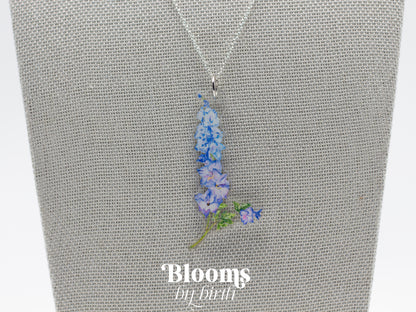 July Birth Flower Necklace - Delphinium Design on Acrylic with Sterling Silver Chain