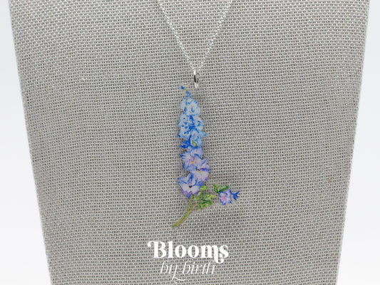 July Birth Flower Necklace - Delphinium Design on Acrylic with Sterling Silver Chain