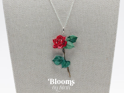 June Birth Flower Necklace - Rose Design on Acrylic with Sterling Silver Chain