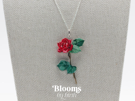 June Birth Flower Necklace - Rose Design on Acrylic with Sterling Silver Chain