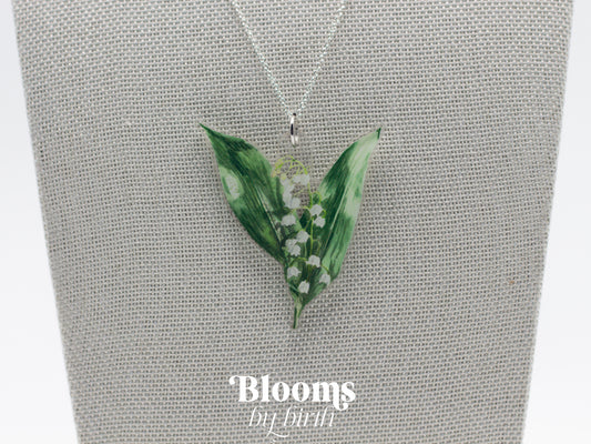 May Birth Flower Necklace - Lily Of The Valley Design on Acrylic with Sterling Silver Chain