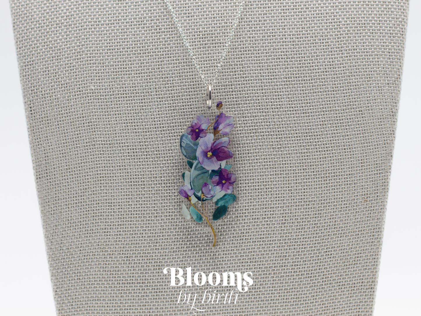 February Birth Flower Necklace - Violet Design on Acrylic with Sterling Silver Chain