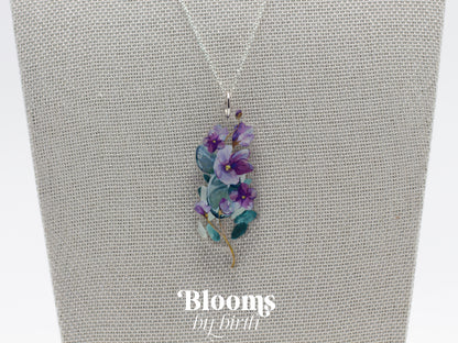 February Birth Flower Necklace - Violet Design on Acrylic with Sterling Silver Chain