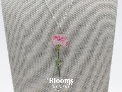 January Birth Flower Necklace - Carnation Design on Acrylic with Sterling Silver Chain