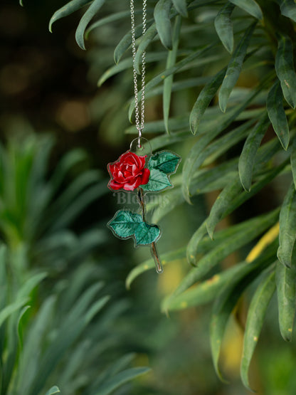 June Birth Flower Necklace - Rose Design on Acrylic with Sterling Silver Chain