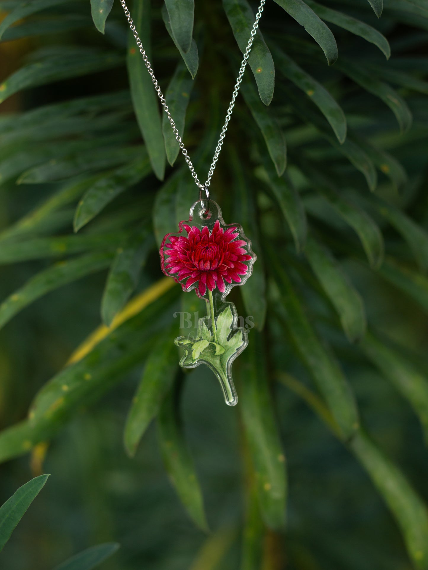 November Birth Flower Necklace - Chrysanthemum Design on Acrylic with Sterling Silver Chain