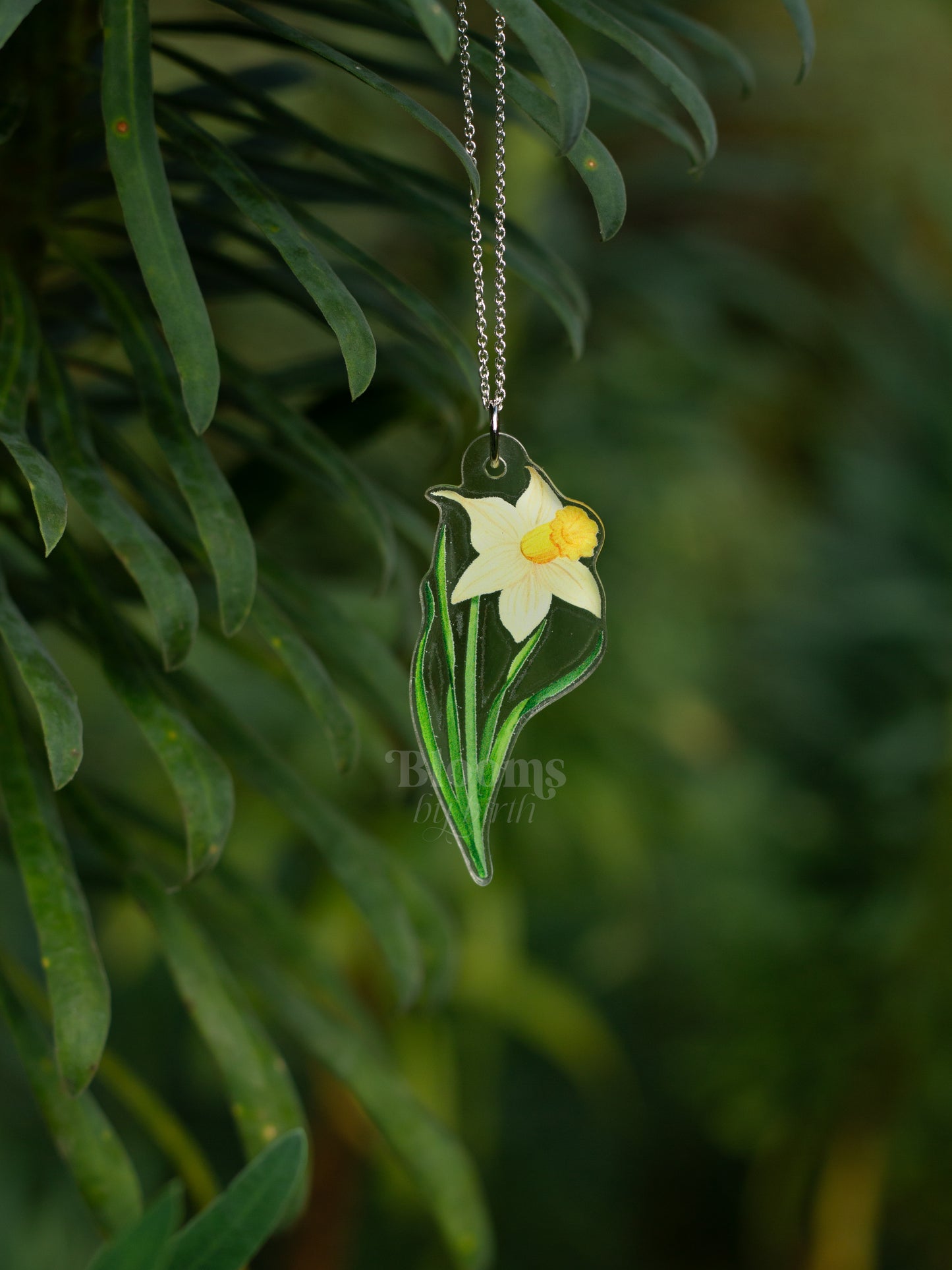 March Birth Flower Necklace - Daffodil Design on Acrylic with Sterling Silver Chain