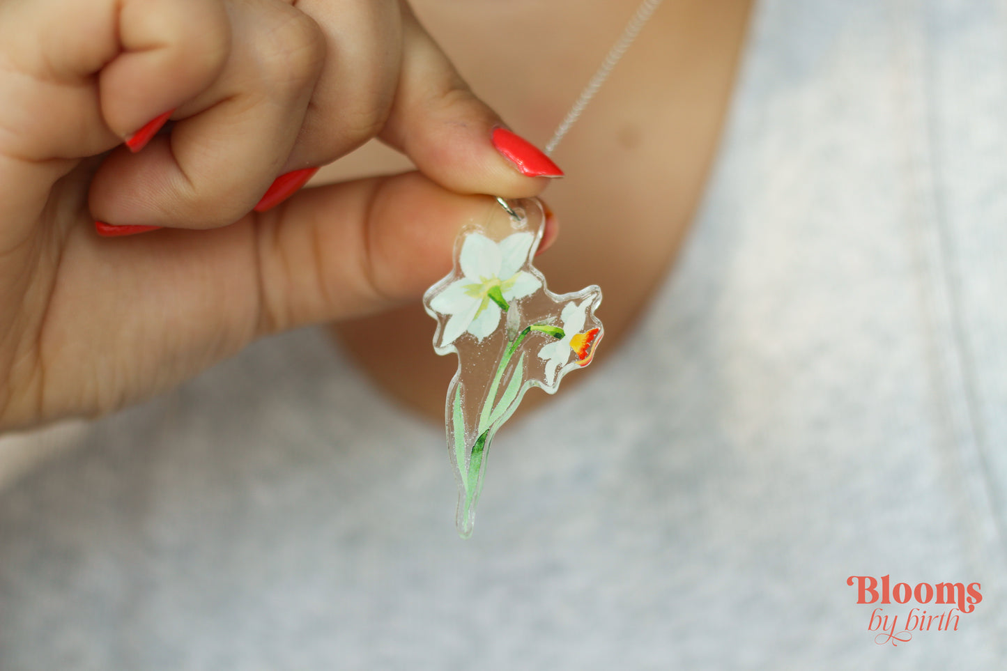 December Birth Flower Necklace - Narcissus Design on Acrylic with Sterling Silver Chain