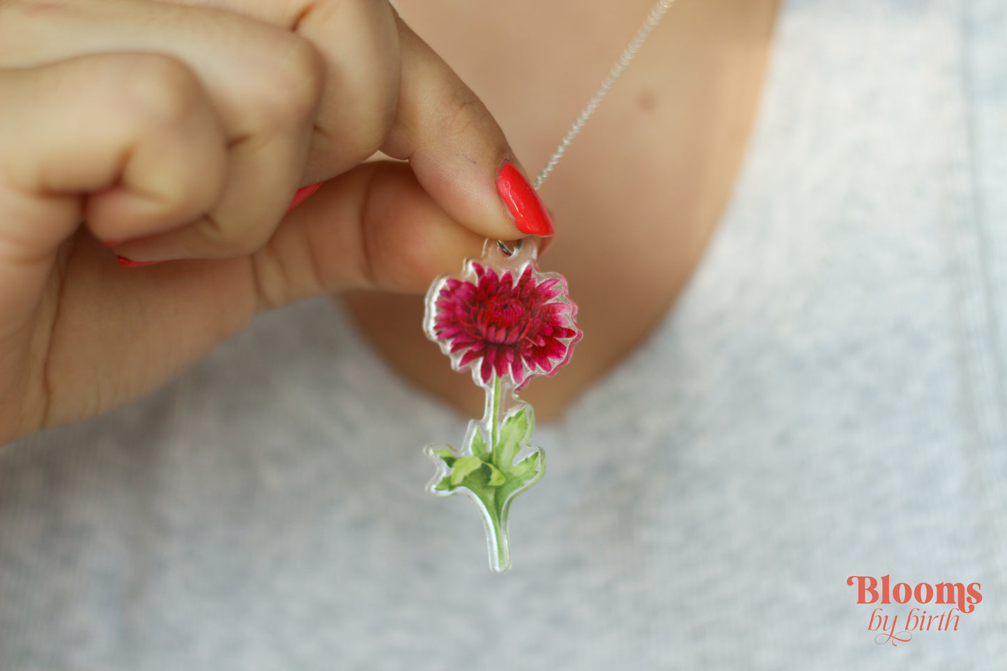 November Birth Flower Necklace - Chrysanthemum Design on Acrylic with Sterling Silver Chain