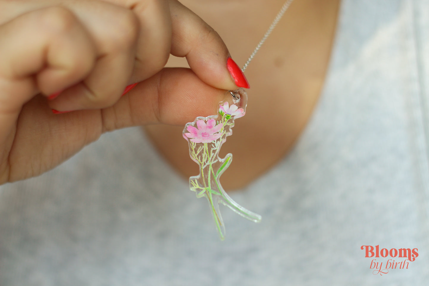 October Birth Flower Necklace - Cosmo Design on Acrylic with Sterling Silver Chain
