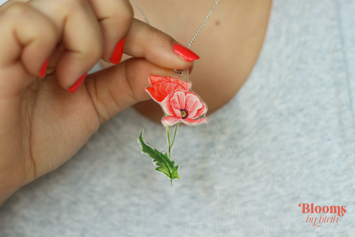 August Birth Flower Necklace - Poppy Design on Acrylic with Sterling Silver Chain