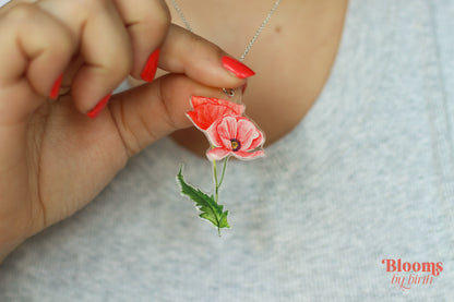 August Birth Flower Necklace - Poppy Design on Acrylic with Sterling Silver Chain