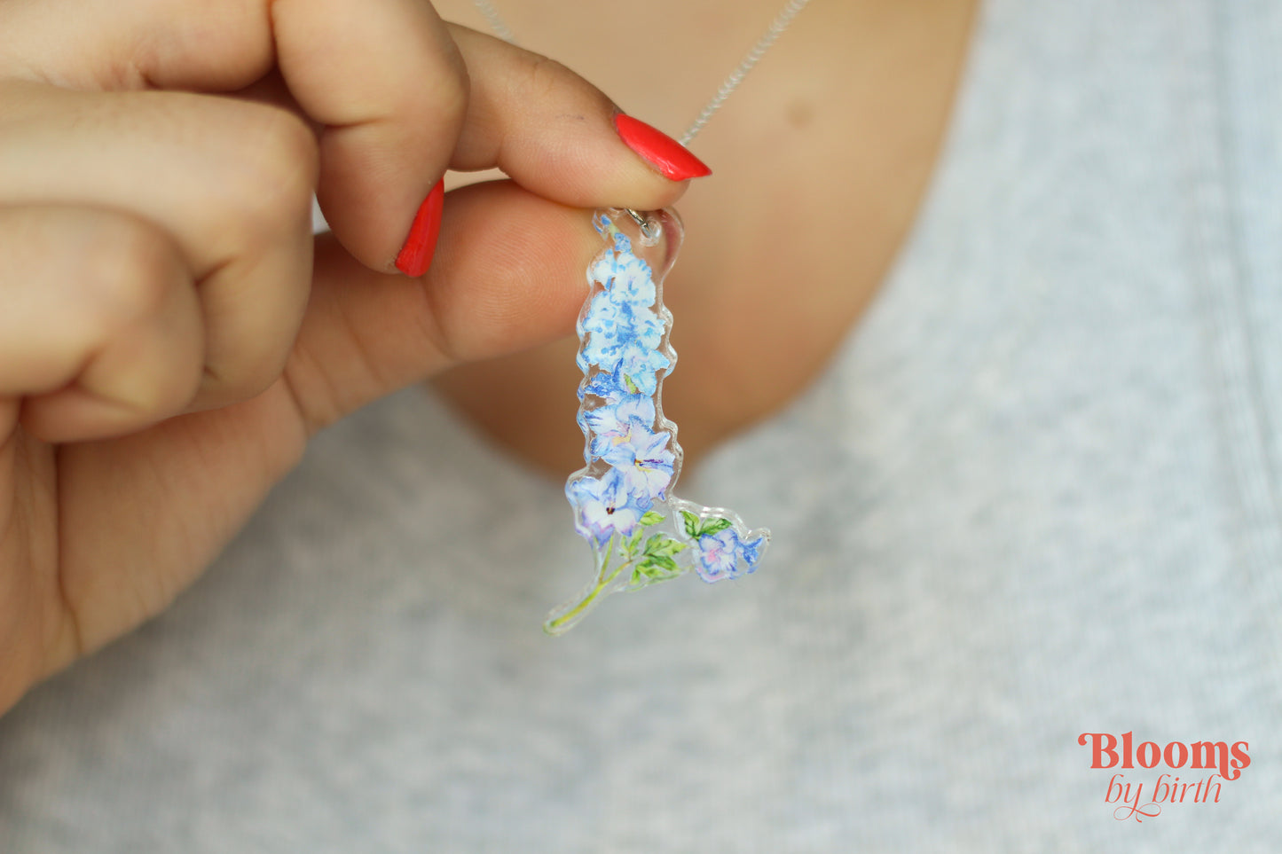 July Birth Flower Necklace - Delphinium Design on Acrylic with Sterling Silver Chain