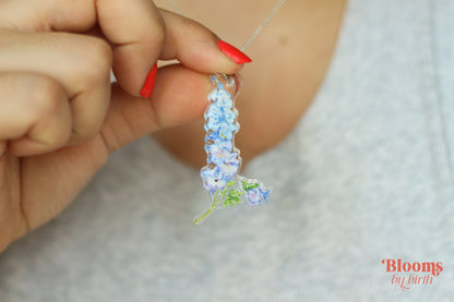 July Birth Flower Necklace - Delphinium Design on Acrylic with Sterling Silver Chain