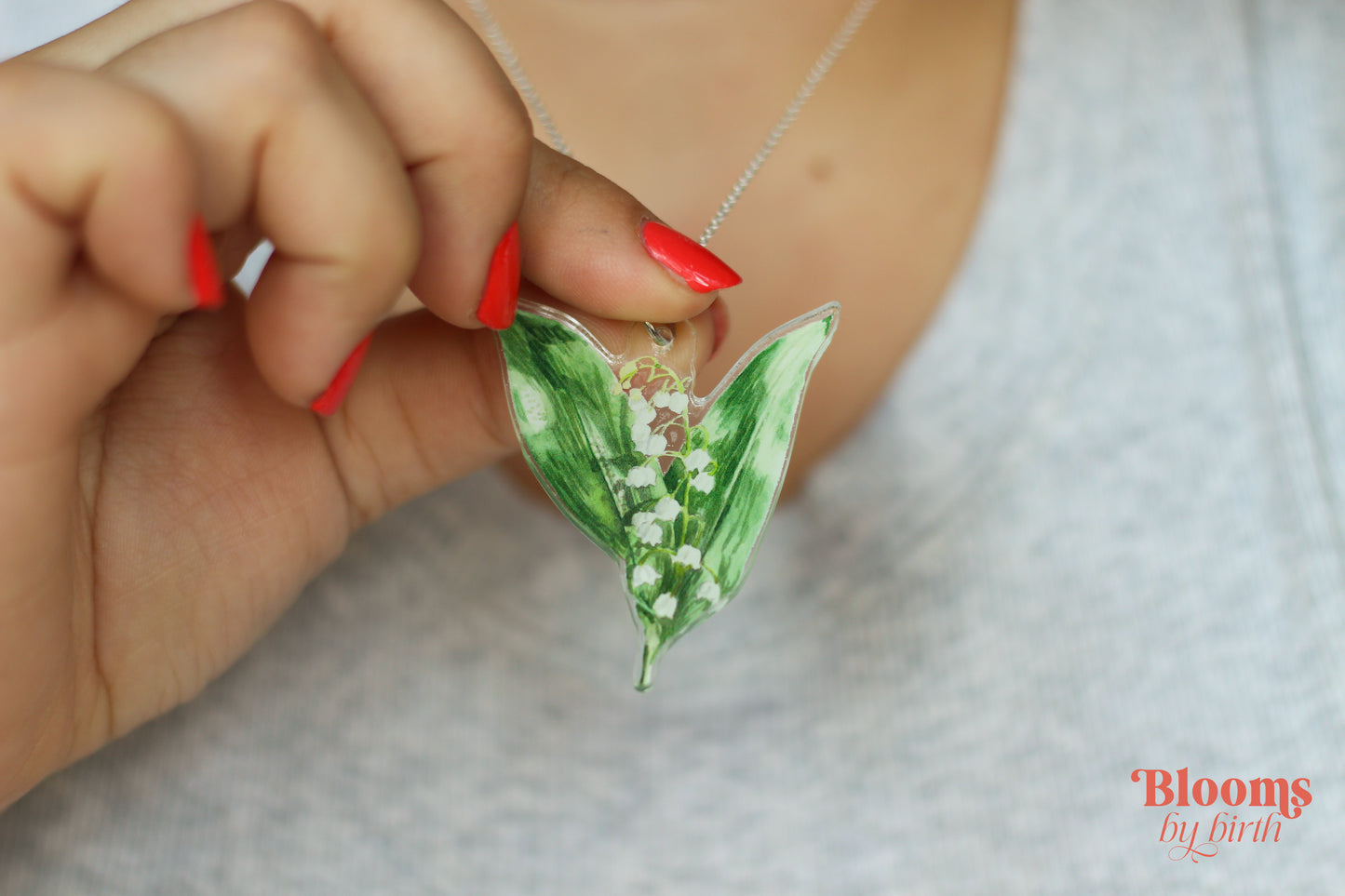 May Birth Flower Necklace - Lily Of The Valley Design on Acrylic with Sterling Silver Chain