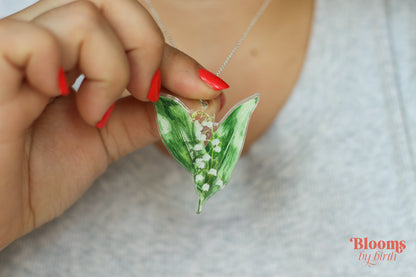 May Birth Flower Necklace - Lily Of The Valley Design on Acrylic with Sterling Silver Chain
