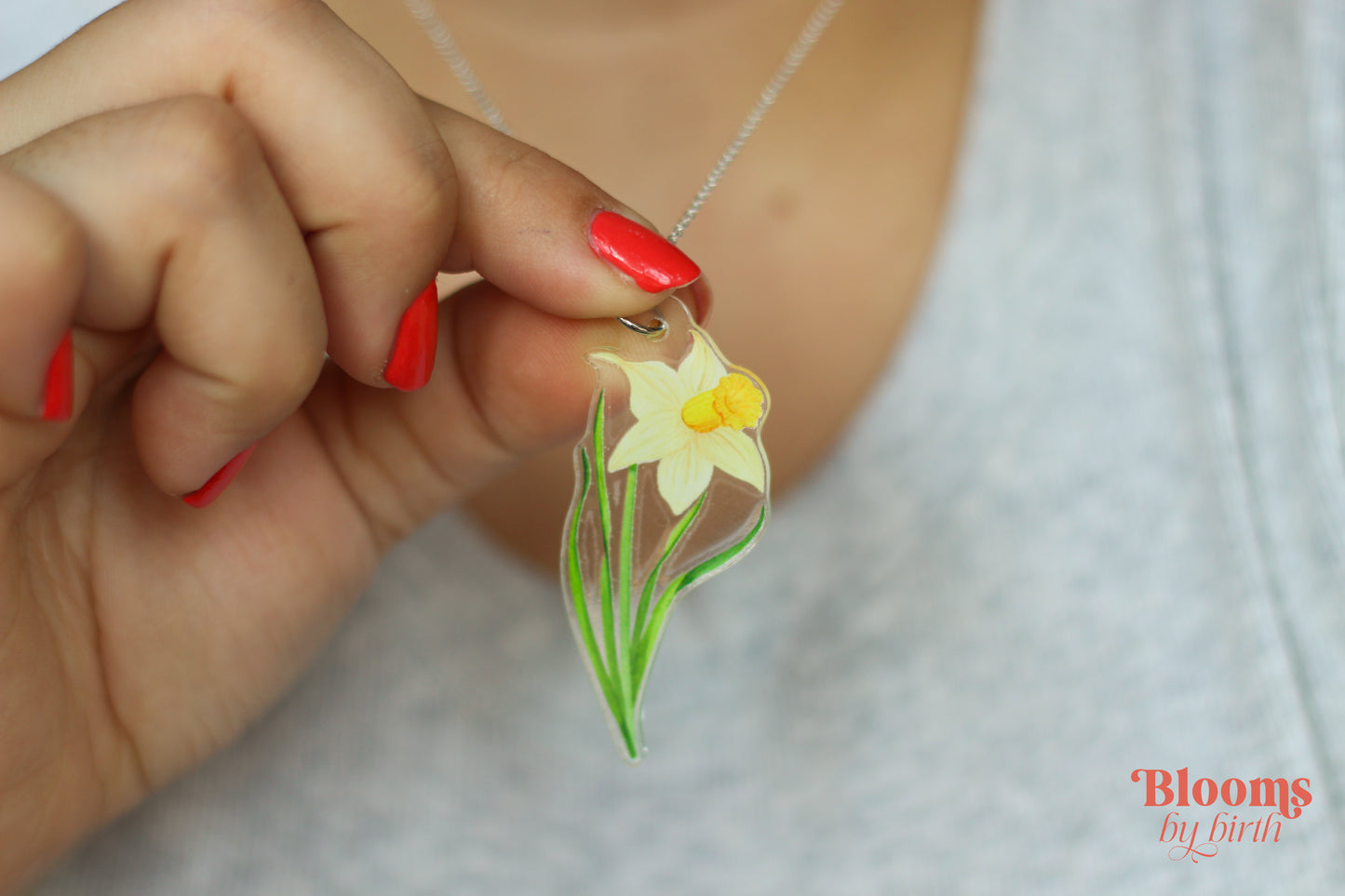 March Birth Flower Necklace - Daffodil Design on Acrylic with Sterling Silver Chain