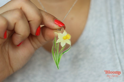 March Birth Flower Necklace - Daffodil Design on Acrylic with Sterling Silver Chain