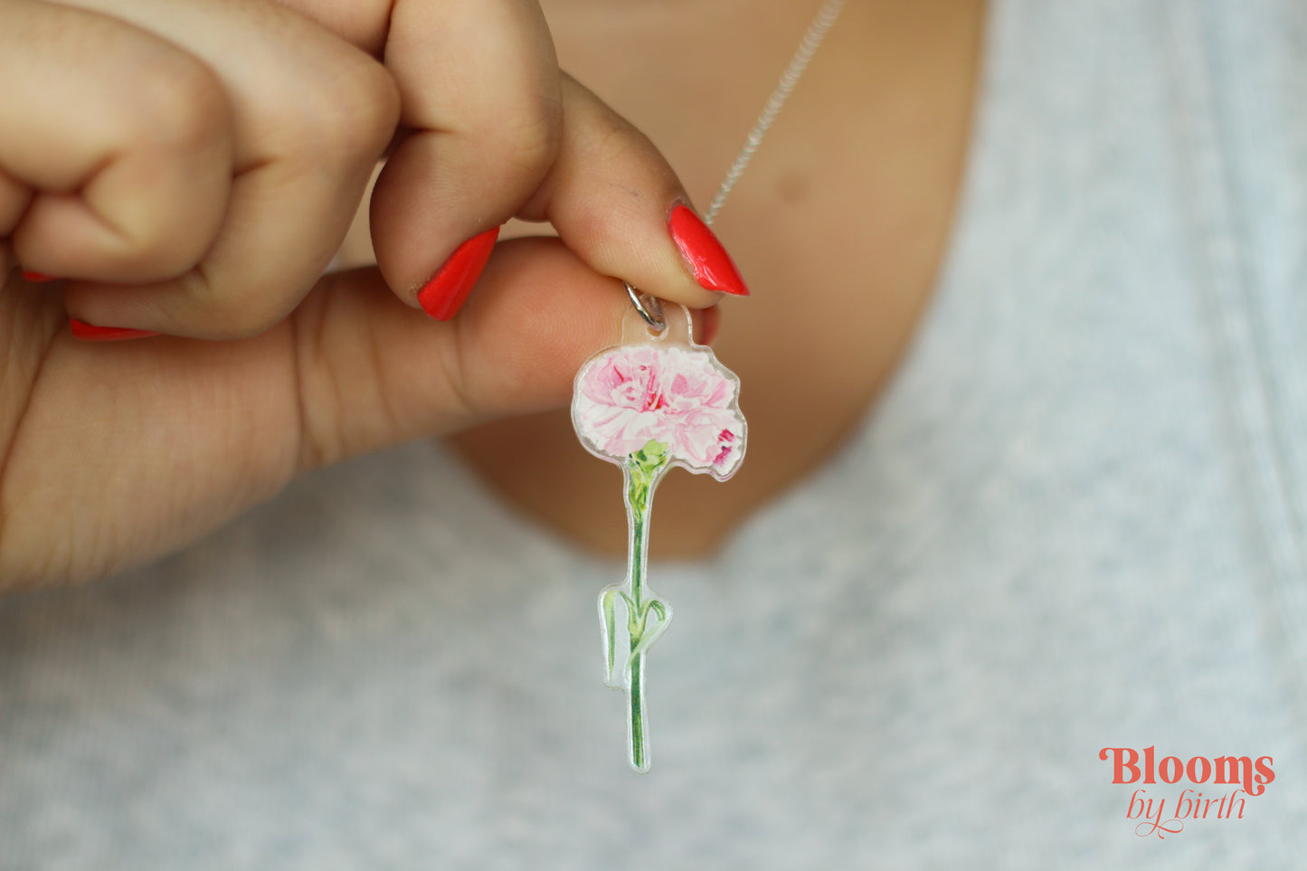 January Birth Flower Necklace - Carnation Design on Acrylic with Sterling Silver Chain