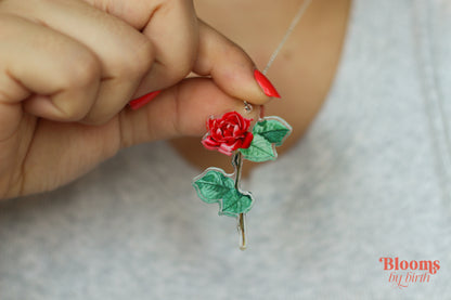 June Birth Flower Necklace - Rose Design on Acrylic with Sterling Silver Chain