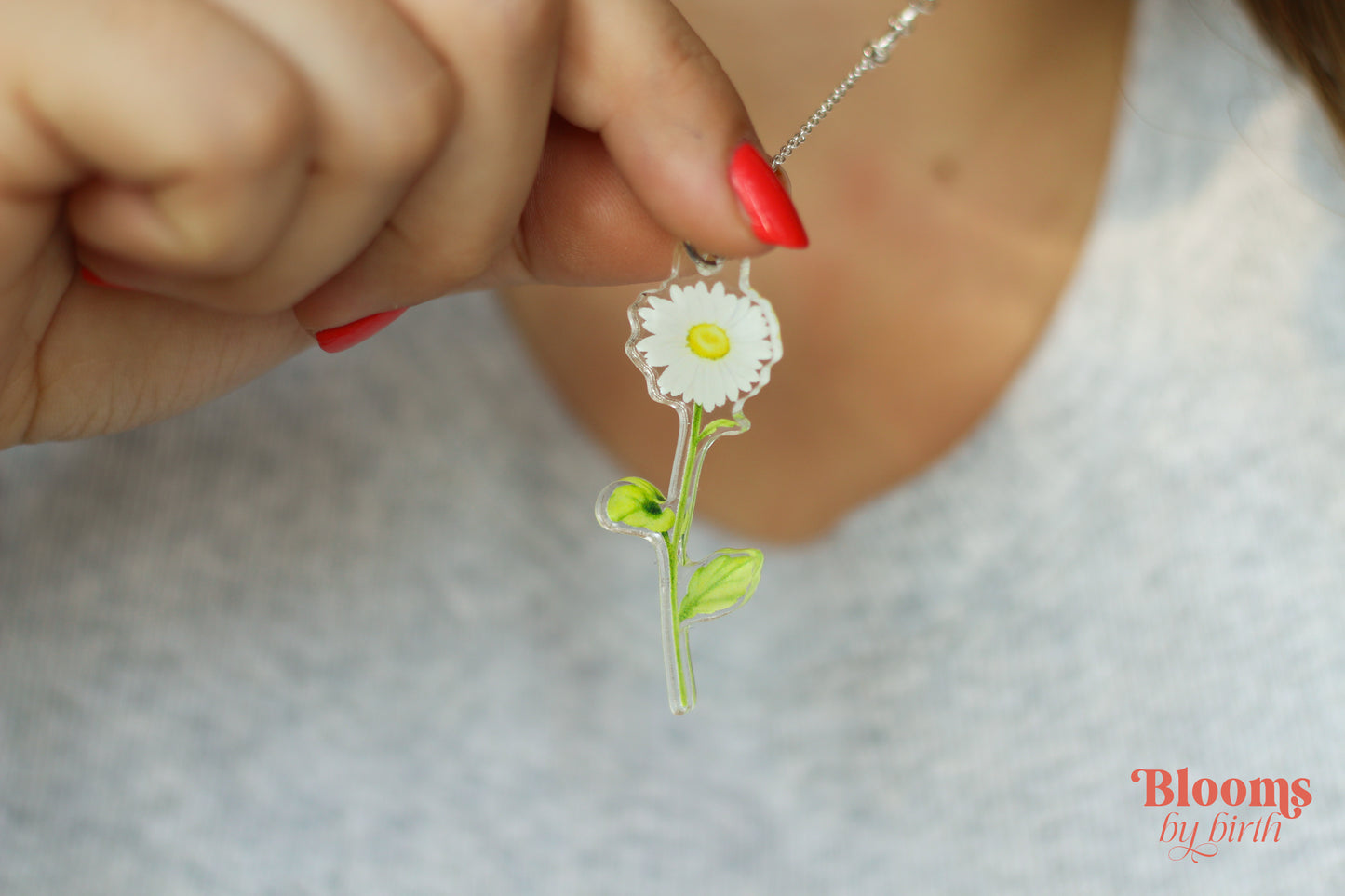 April Birth Flower Necklace - Daisy Design on Acrylic with Sterling Silver Chain