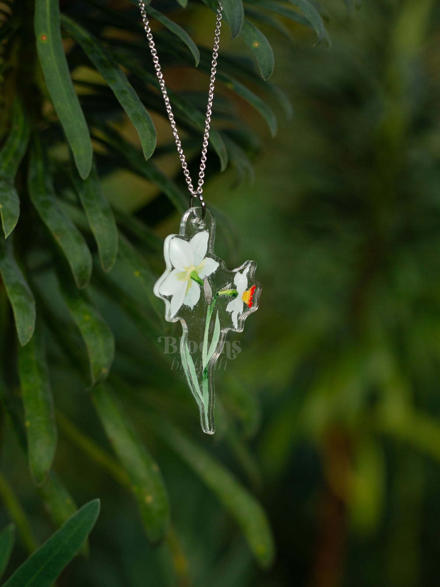 December Birth Flower Necklace - Narcissus Design on Acrylic with Sterling Silver Chain