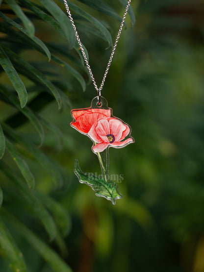August Birth Flower Necklace - Poppy Design on Acrylic with Sterling Silver Chain