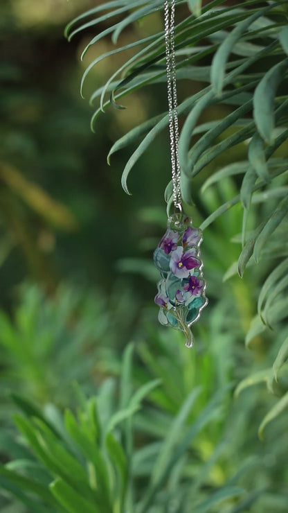 February Birth Flower Necklace - Violet Design on Acrylic with Sterling Silver Chain