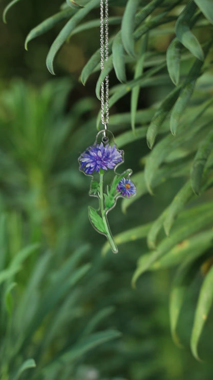 September Birth Flower Necklace - Aster Design on Acrylic with Sterling Silver Chain