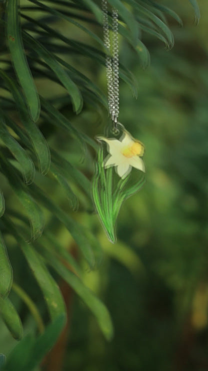 March Birth Flower Necklace - Daffodil Design on Acrylic with Sterling Silver Chain